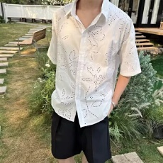 批发2026揭豪派夏季镂空白<b class='q'>衬衫</b>男女高级感痞帅设计感宽松休闲短袖<b class='q'>衬衣</b>