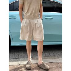 亚麻短裤夏季二浩抽绳松紧运动五分卫裤男女宽松百搭情侣休闲裤