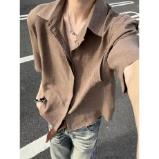 批发莱赛尔008天丝亚麻假两件衬衫男款夏季慵懒松弛感老钱风短袖衬衫