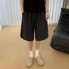夏季潮宝新款条纹男裤休闲裤高腰松紧腰垂感百搭宽松直筒五分裤