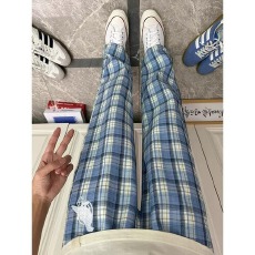 立体包边格子美邦裤子男四季高级侧拉链直筒微喇裤休闲运动长裤