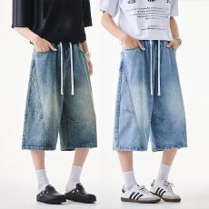 洗水黑恒潮阔腿牛仔七分裤男美式复古宽松直筒裤2026夏季新款日系