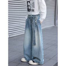 批发腰带乐万邦牛仔裤男春秋夏宽松直筒复古蓝裤子新款美式高街阔腿裤