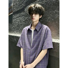 批发假两件潮乐邦格子衬<b class='q'>衫</b>短袖男夏季穿搭美式v领衬<b class='q'>衣</b><b class='q'>情侣</b><b class='q'>七分袖</b>外套