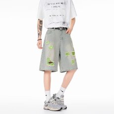 批发做旧恒潮破洞五分<b class='q'>牛仔</b>裤男宽松大码休闲束脚裤夏季拼接哈伦萝卜裤