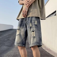 做旧东方破洞五分牛仔裤男宽松大码休闲直筒裤夏季设计感中裤短裤
