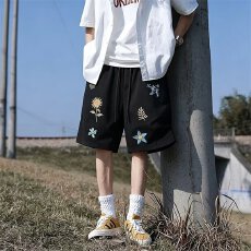 批发【曼巴棉】<b class='q'>夏</b>季长隆重工花卉刺绣短裤男女运动休闲情侣宽松五分裤