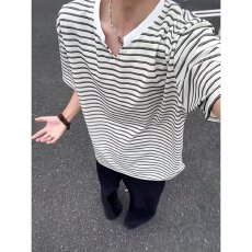 批发条纹轩潮社V领短袖T恤<b class='q'>男</b>女2026夏季新款慵懒风宽松百搭显瘦上衣