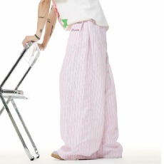 批发多巴胺火爆粉色条纹宽裤子男女款<b class='q'>夏</b>季松弛感宽松休闲速干运动裤