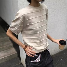 批发针织揭潮坊短袖t恤夏季新款条纹设计感正肩独特上衣时尚潮流新款