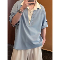 人夫感招财假两件polo领冰丝可收五分袖衬衫男夏季薄款高级感衬衣