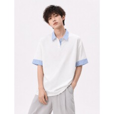 批发假两件国潮格纹拼接Polo短<b class='q'>袖</b>男夏季痞帅高级感t恤重磅正肩<b class='q'>半截</b><b class='q'>袖</b>