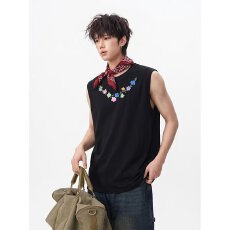 批发2026喔裳环绕刺绣花坎肩背心男款夏季潮牌高街百搭宽松无袖t恤
