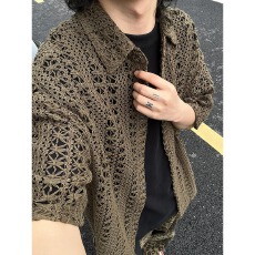批发镂空黑衣针织衫男女短袖夏季薄款美式复古度假风小众设计感衬衣