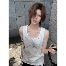 批发水洗自由喷脏做旧轻亚不规则铆钉双色印花显瘦街头工字背心男女