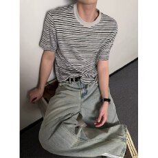 批发时尚潮宝<b class='q'>日系</b>亲肤<b class='q'>复古</b>条纹宽松短袖T恤男简约休闲打底衫春夏新款