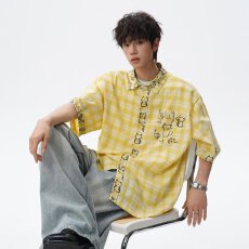 批发美式路卡斯经典格纹短袖<b class='q'>衬衫</b>女男夏新款学院风宽松<b class='q'>休闲</b>五分袖<b class='q'>衬衣</b>