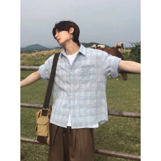 批发时尚自由设计感肌理感蓝色短袖格子衬衫男夏慵懒半袖衬衣小众上衣