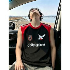 批发美式缘创撞色条纹印花背心男夏潮牌球衣风无袖T恤设计感运动坎肩