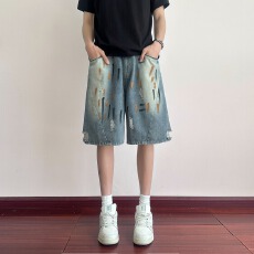 批发美式追潮牛仔短裤男款春<b class='q'>夏</b>季水洗宽松阔腿直筒痞帅休闲中裤五分裤