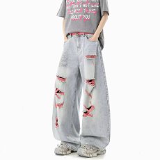 批发美式乐万邦破洞高腰直筒牛仔裤男女夏季休闲垂感宽松显瘦拖地<b class='q'>长裤</b>