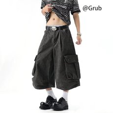 批发美式新概念高街复古水洗大口袋阔腿七分牛仔裤男<b class='q'>夏</b>季百搭宽松短裤
