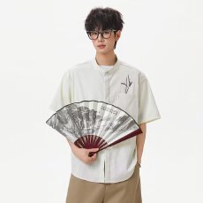 批发新中式盛兴马立领短袖衬衫男2026夏季<b class='q'>中国风</b>竹叶刺绣衬衣宽松外套