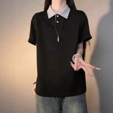 批发复古合嘉馨美式休闲时尚百搭男女潮牌翻领拼色设计感套头短袖T恤