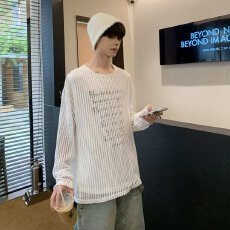 批发时尚韦爵森镂空网纱假两件针织罩衫<b class='q'>男</b>夏薄款潮牌防晒长袖t恤外套