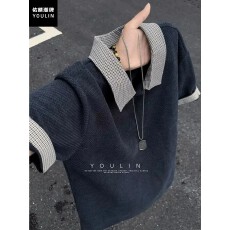 批发龙鳞纹短袖POLO衫男款夏季千鸟格拼接透气t恤设计感翻领半袖上衣