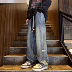 批发青少年淘潮美式高街牛仔裤男宽松百搭侧条纹贴标阔腿裤子男裤长裤