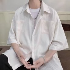 批发泡泡纱轩潮社肌理感短袖<b class='q'>衬衫</b>男士春夏宽松日常通勤百搭<b class='q'>衬衣</b>外套