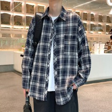春秋极 致 美式复古撞色格纹翻领长袖衬衫男女宽松休闲高级感衬衣