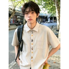 批发日系上上签趣味猫咪刺绣短袖POLO衫男夏季宽松bf情侣百搭条纹衬衫