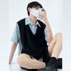 假两件揭潮坊短袖衬衫男夏季薄款宽松高级设计感小众套头条纹衬衣