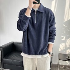 休闲乐淘淘毛衣男士春秋翻领拉链条纹针织衫帅气polo领长袖纯色
