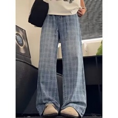 格子浩威牛仔裤男夏薄款潮牌痞帅炸街裤子美式高街宽松直筒微喇裤