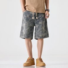 美式淘潮解构迷彩短裤男夏季薄款宽松水洗做旧伐木休闲工装五分裤