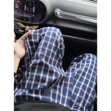 格子裤创潮男款夏季泡泡纱潮牌百搭休闲裤美式复古宽松拖地长裤