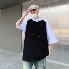 批发连帽轩潮社<b class='q'>短袖</b>t恤<b class='q'>男士</b>夏季宽松中袖7七分袖半袖卫衣潮牌上衣服