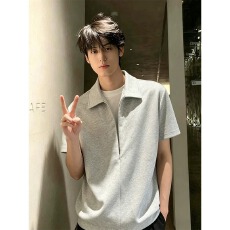 批发美式008拉炼假两件短袖polo衫男<b class='q'>夏</b>高级感翻领正肩T恤cleanfit衬衫