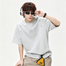 批发2026<b class='q'>夏</b>季新款刺绣t恤男短袖宽松圆领美式重磅大码打底体恤衫上衣