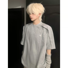 批发立体008解构垫肩短袖男<b class='q'>夏</b>季美式高街重磅正肩T恤cleanfit刺绣半袖