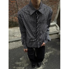 批发春秋凯尊度假领带拼接设计格纹<b class='q'>男</b><b class='q'>衬衫</b>宽松分层小众格纹<b class='q'>男</b><b class='q'>长袖</b><b class='q'>衬衫</b>