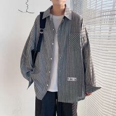 批发春夏揭潮坊韩版帅气条纹长袖<b class='q'>衬衣</b><b class='q'>男士</b>日系潮宽松学生白搭外套<b class='q'>衬衫</b>