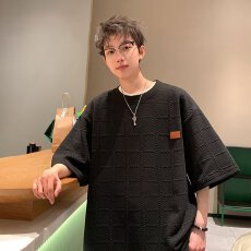 批发满印揭潮坊提花重磅短袖T恤男宽松大码百搭休闲圆领半袖体恤上衣