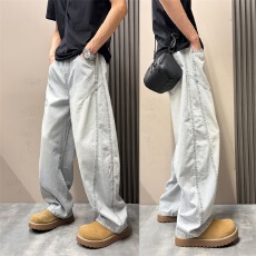 批发美式杰森汇冰蓝高街cleanfit做旧复古猫须洗水直筒宽松牛仔裤男女