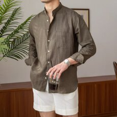 亚麻魔城长袖衬衫男士春秋新开立领宽松衬衣宽松休闲上衣外套潮