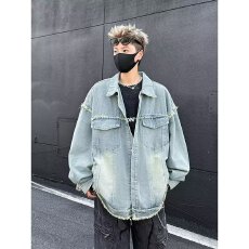 大码潮人邦水洗毛边牛仔外套男春秋新款宽松百搭夹克长袖上衣ins