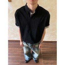 曼巴棉220克亨利领黑衣先生短袖T恤高级感千鸟格拼接宽松上衣男